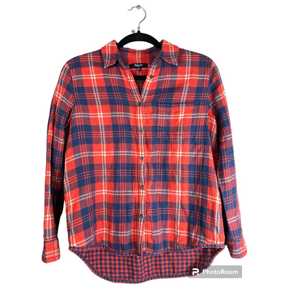 Madewell Orange Red Blue Long Sleeve Button Down Plaid Pattern Flannel Size XS